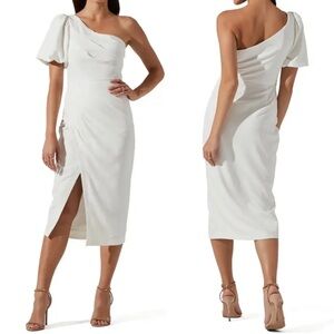 ASTR The Label Joelle White One Shoulder Puff Sleeve Midi Dress Size S